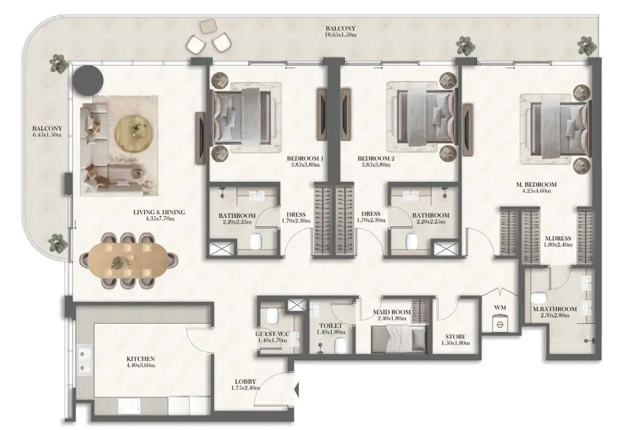 3 bedroom Apartments floor plan at Rotana Residences North Tower