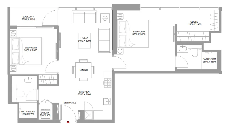 2 bedroom Apartments floor plan at Pristine Beach Residences