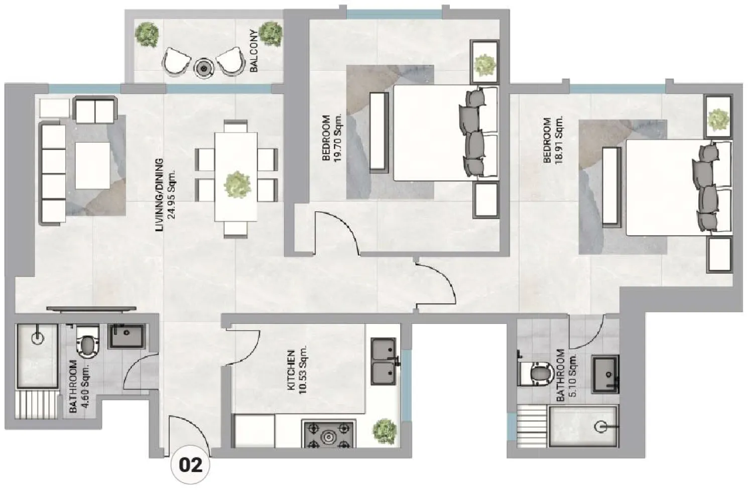 2 bedroom Apartments floor plan at Barajeel Towers