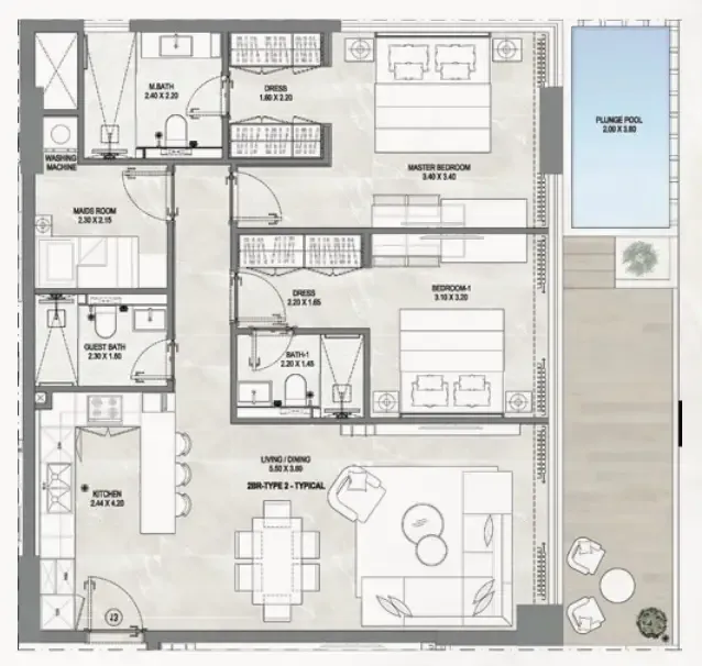 2 bedroom Apartments floor plan at Gharbi 1 Residences