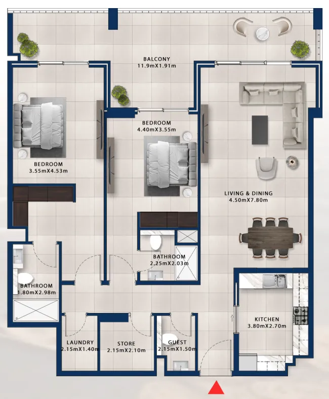 2 bedroom Apartments floor plan at Asayel Avenue