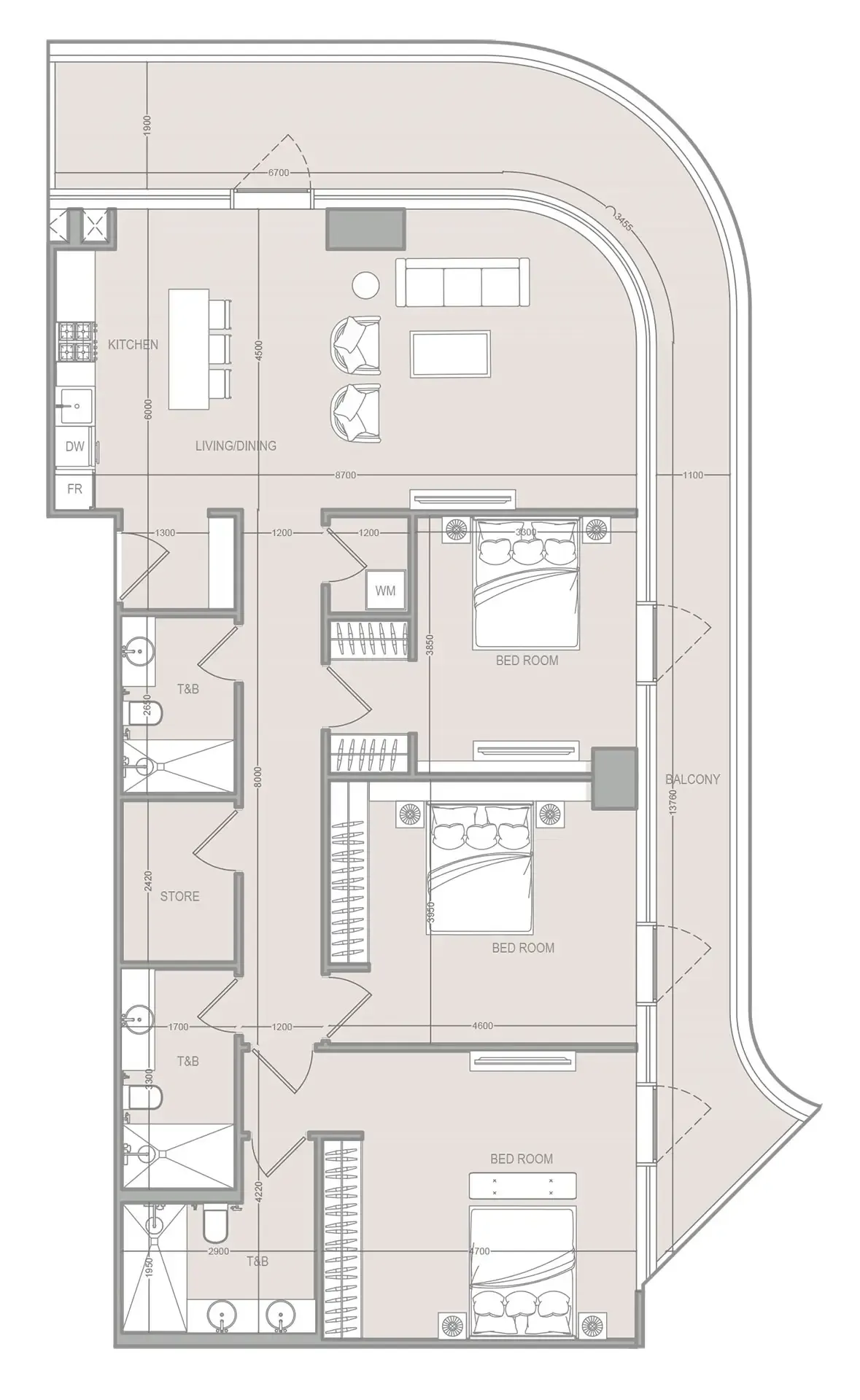 3 bedroom Apartments floor plan at A1LA Residence