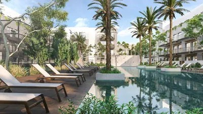 Leisure And Lap Pool With Cabanas And Sun Loungers