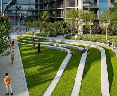 Open Plaza With Water Feature & Sculpture